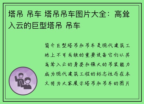 塔吊 吊车 塔吊吊车图片大全：高耸入云的巨型塔吊 吊车