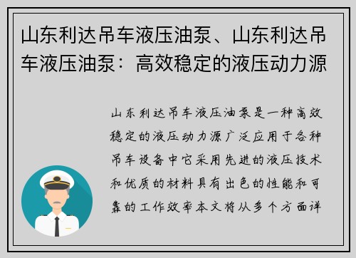 山东利达吊车液压油泵、山东利达吊车液压油泵：高效稳定的液压动力源