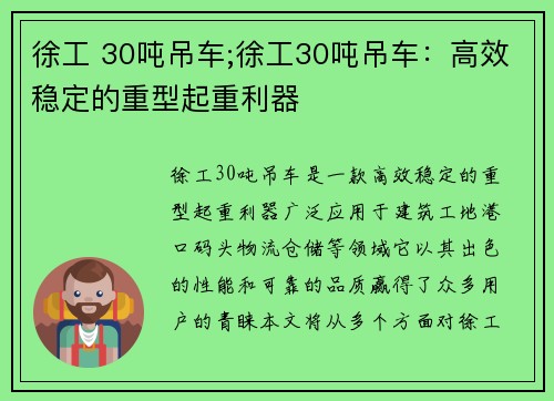 徐工 30吨吊车;徐工30吨吊车：高效稳定的重型起重利器